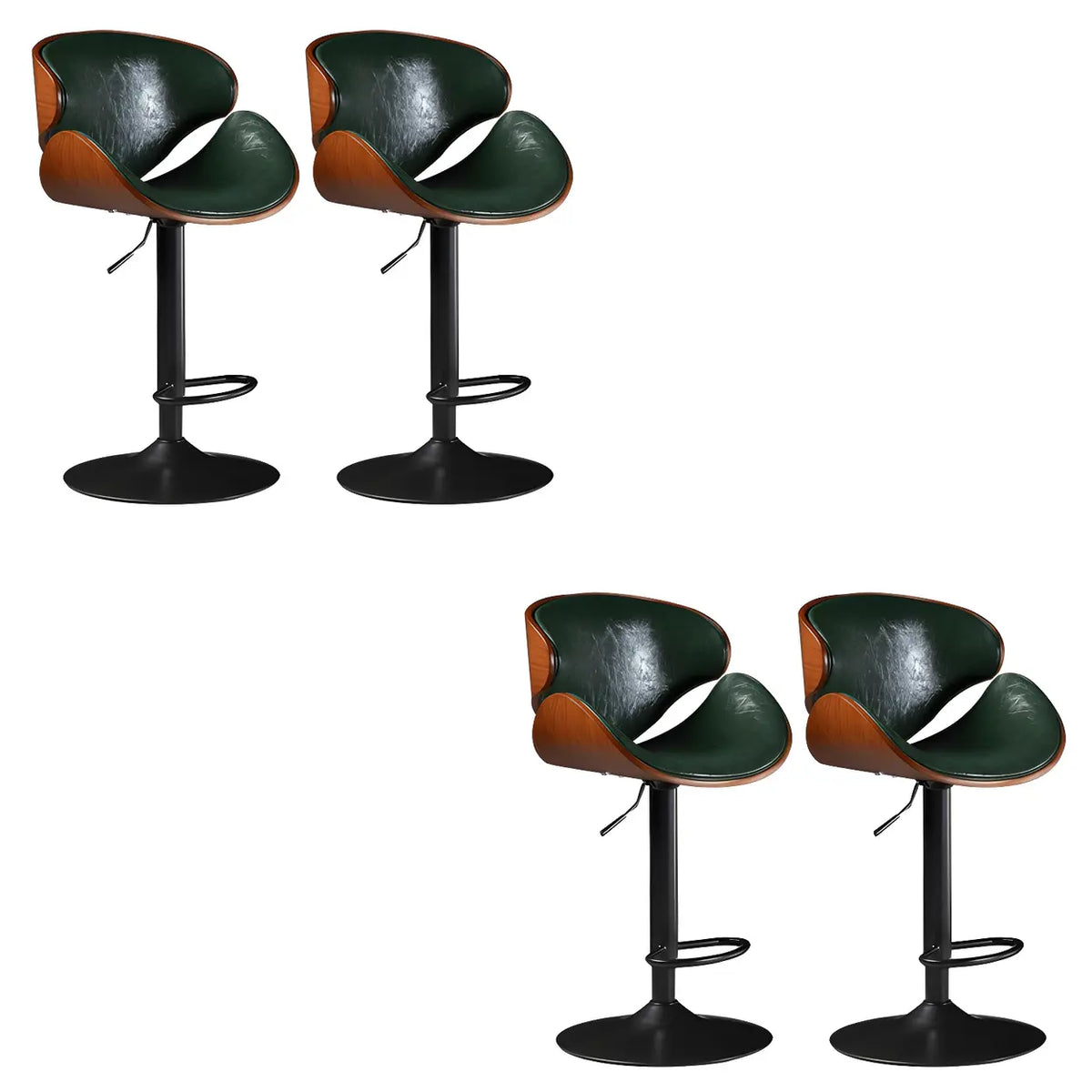 Leather Bucket Bar Stool with Curved Wood-Grain Shell & Low Back