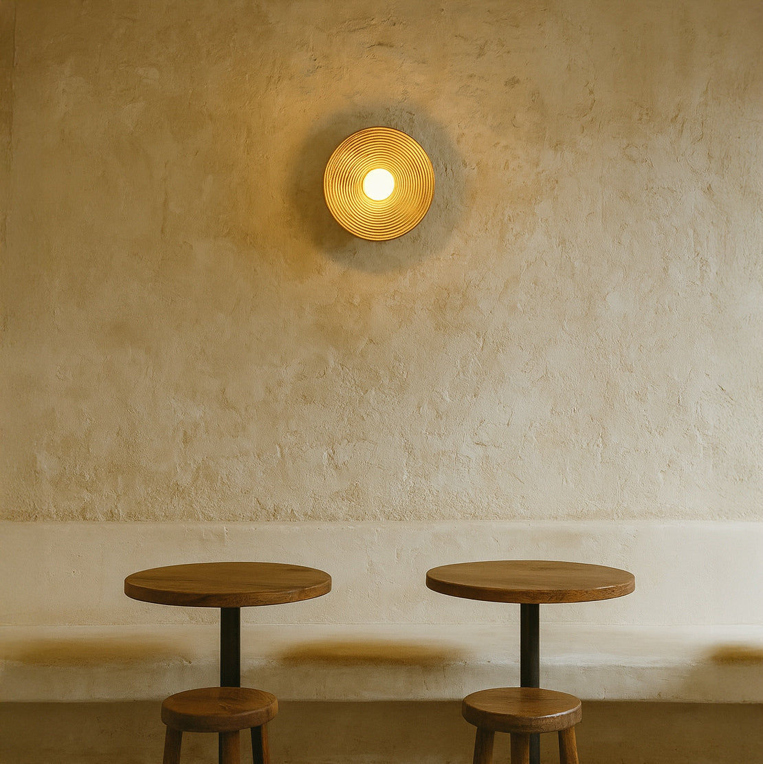 Longleaf Natural Wooden Plate Wall Light, fixture lit in a room