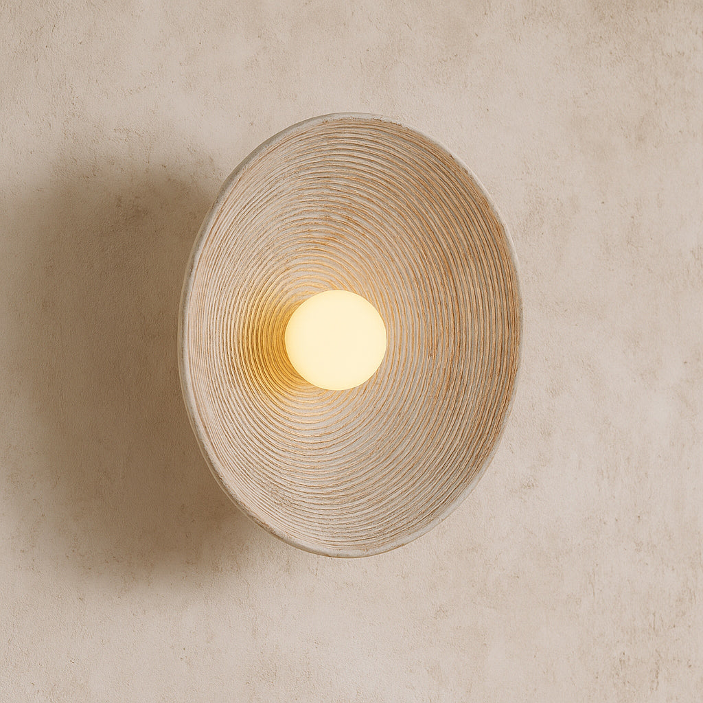 Longleaf Wooden Texture Plate Wall Light In White, full fixture view