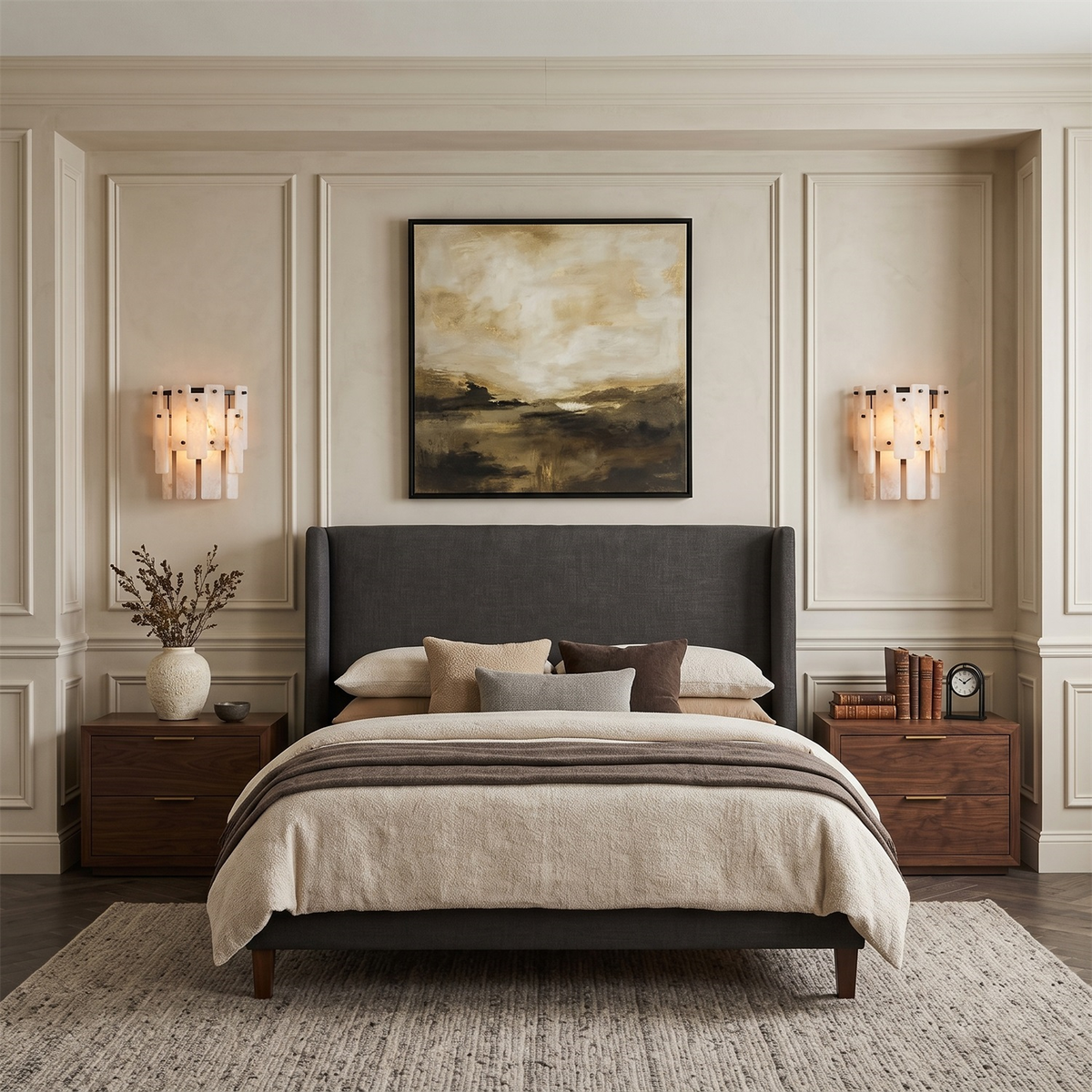 Marloweith Alabaster Wall Sconce, second lit in a styled room