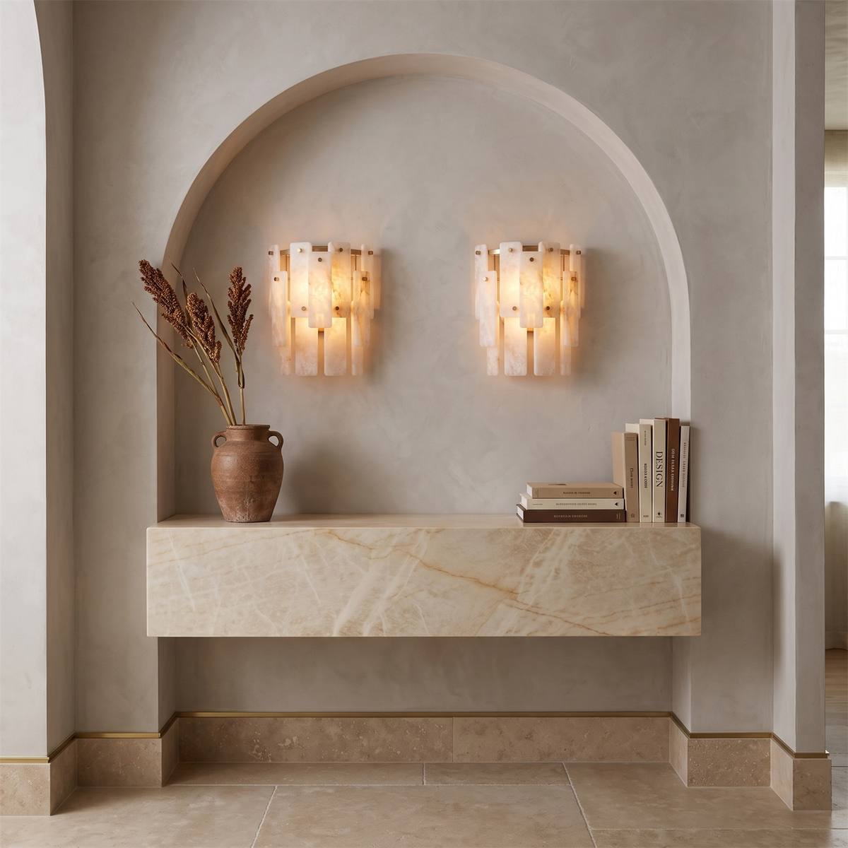Marloweith Alabaster Wall Sconce, warm glow when lit
