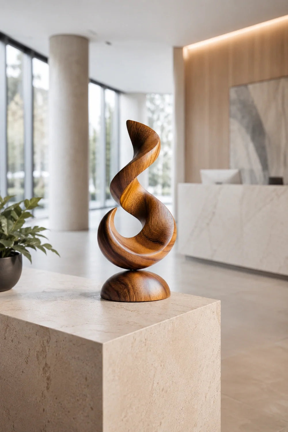 Meridian Abstract Wood Sculpture, angled three quarter view