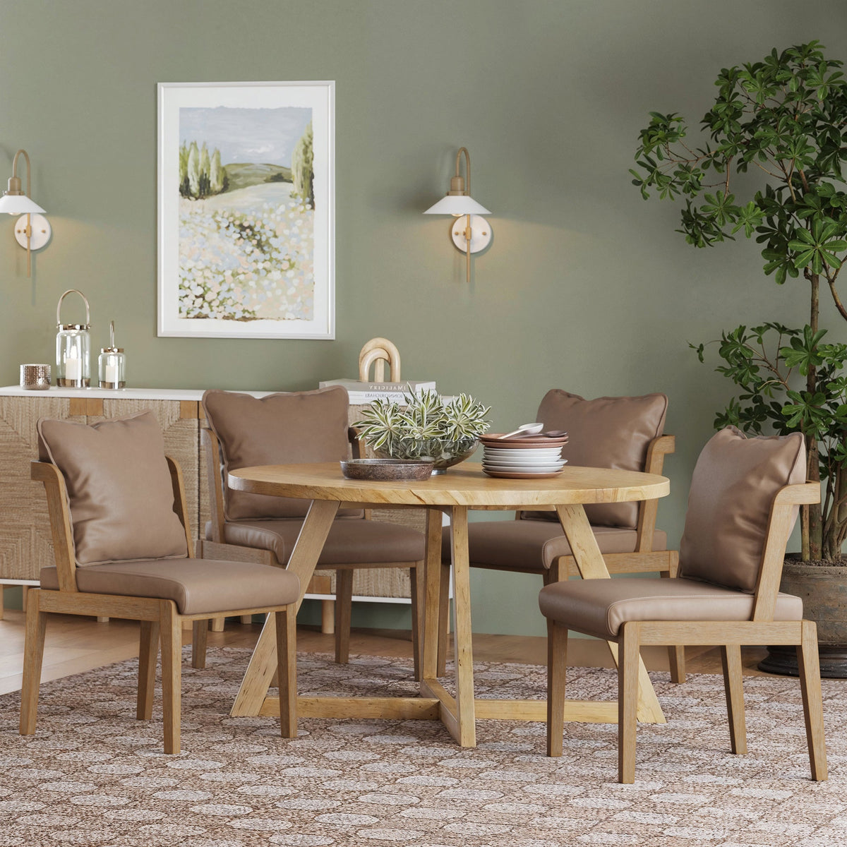 Modern Wood Faux Leather Dining Chair (Set of 4), styled in a real room