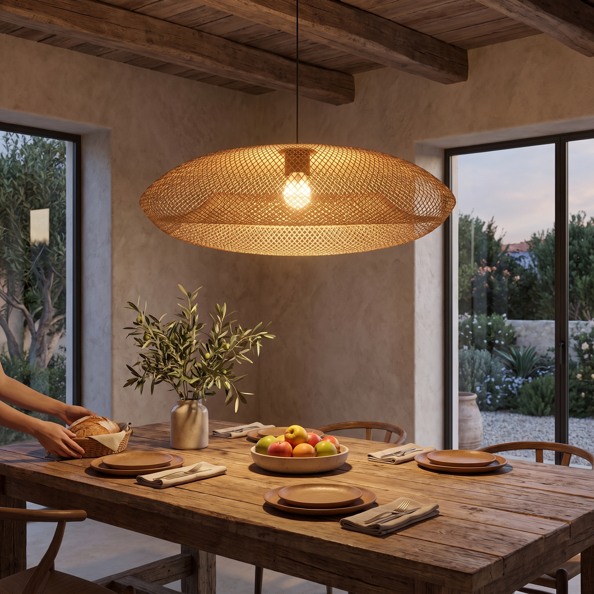 Nest Rattan Pendant Light, lit and hanging in a styled room