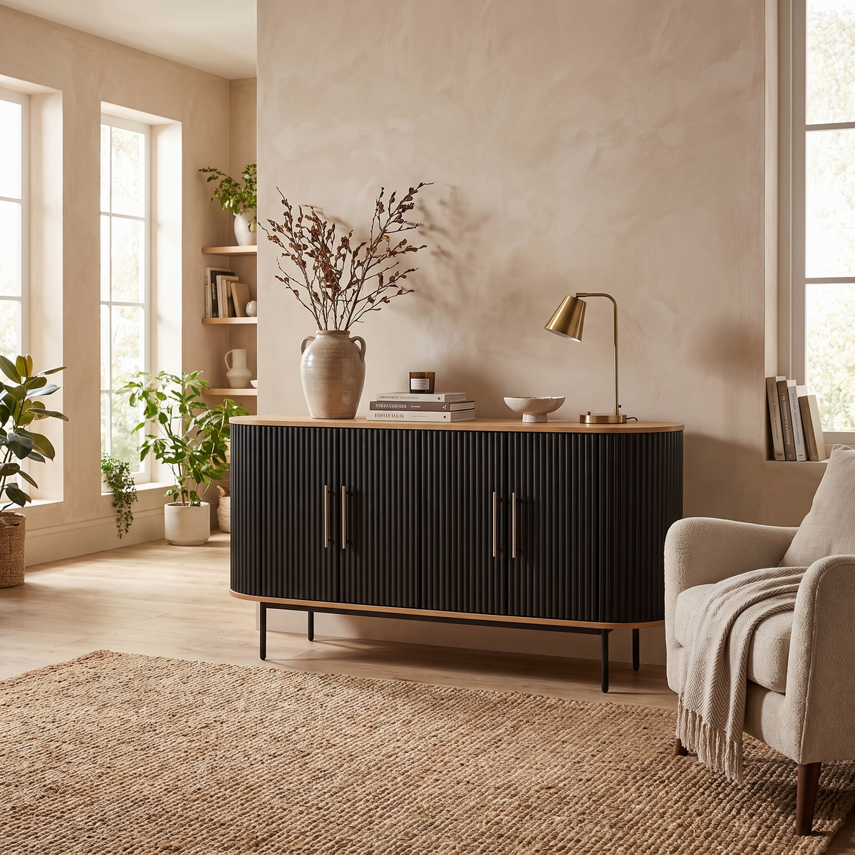 Noir 65" Oak Sideboard, Black, styled in a room setting