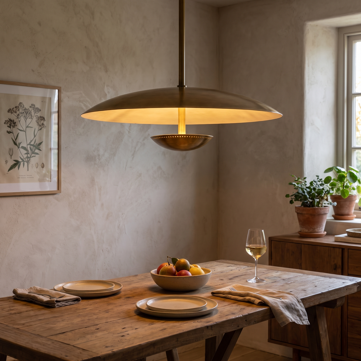 Oralis Metal Pendant Light, lit and hanging in a styled room