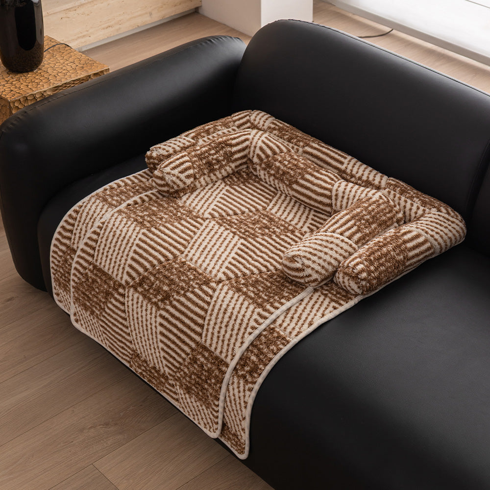 Patchwork Plush Bolster Pet Sofa Bed, styled in a living room