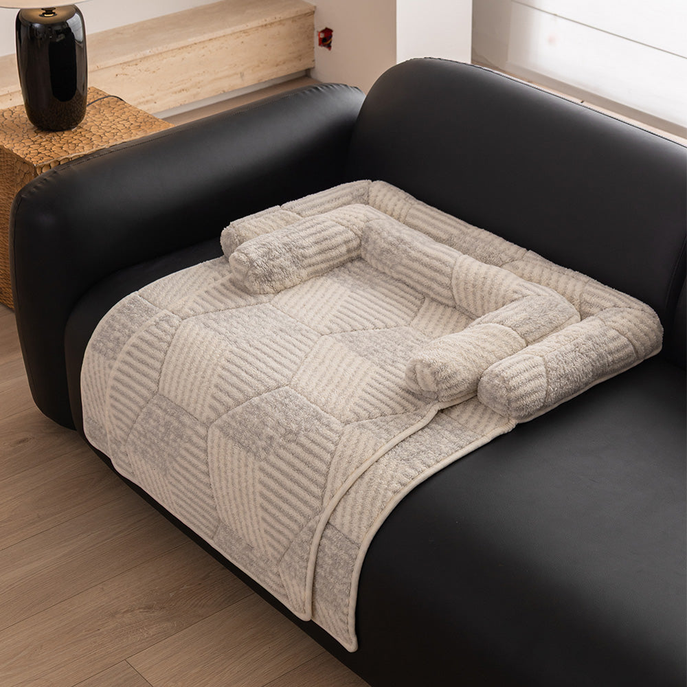 Patchwork Plush Bolster Pet Sofa Bed, scale beside furniture