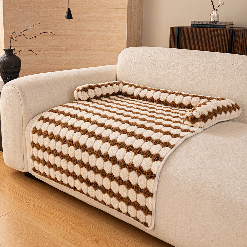 Raised Pebble Plush Bolster Pet Sofa Bed, scale beside furniture