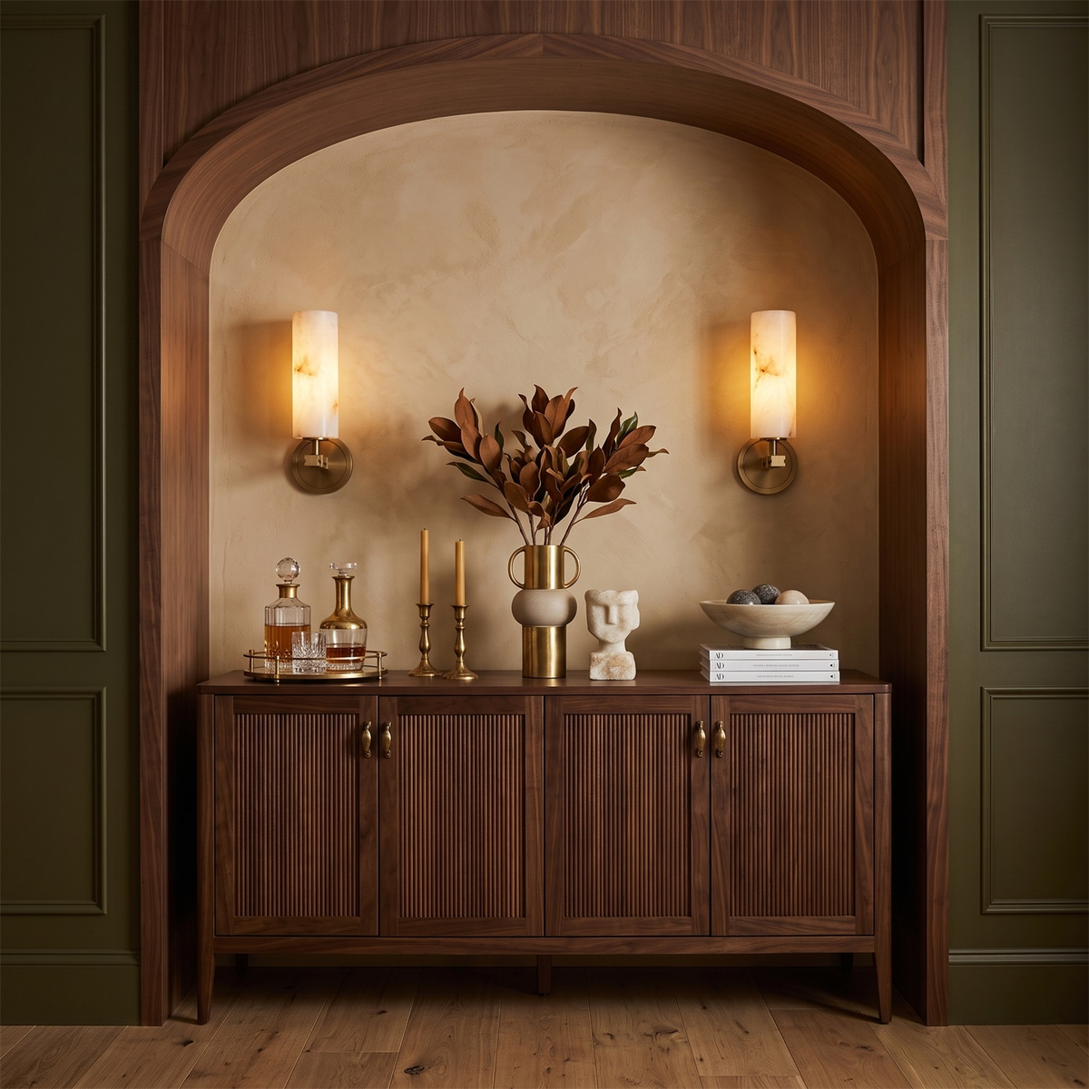 Ravelin Alabaster Wall Sconce, second lit in a styled room