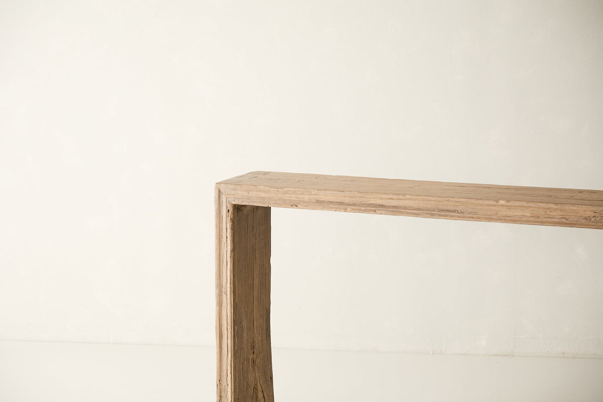 Reclaimed Solid Elm Waterfall Edge Console, surface and edge detail