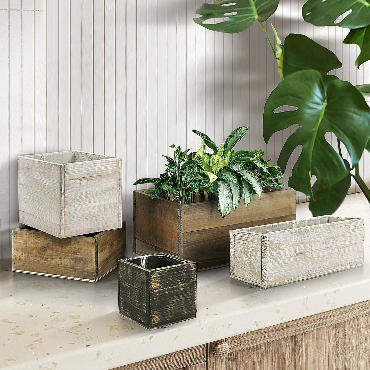 Reclaimed Wood Planter Box, styled with greenery
