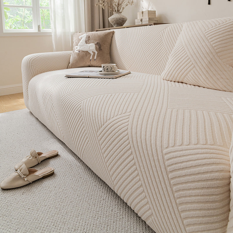 Ribbed Jacquard Velvet Sofa Slipcover, draped and styled view
