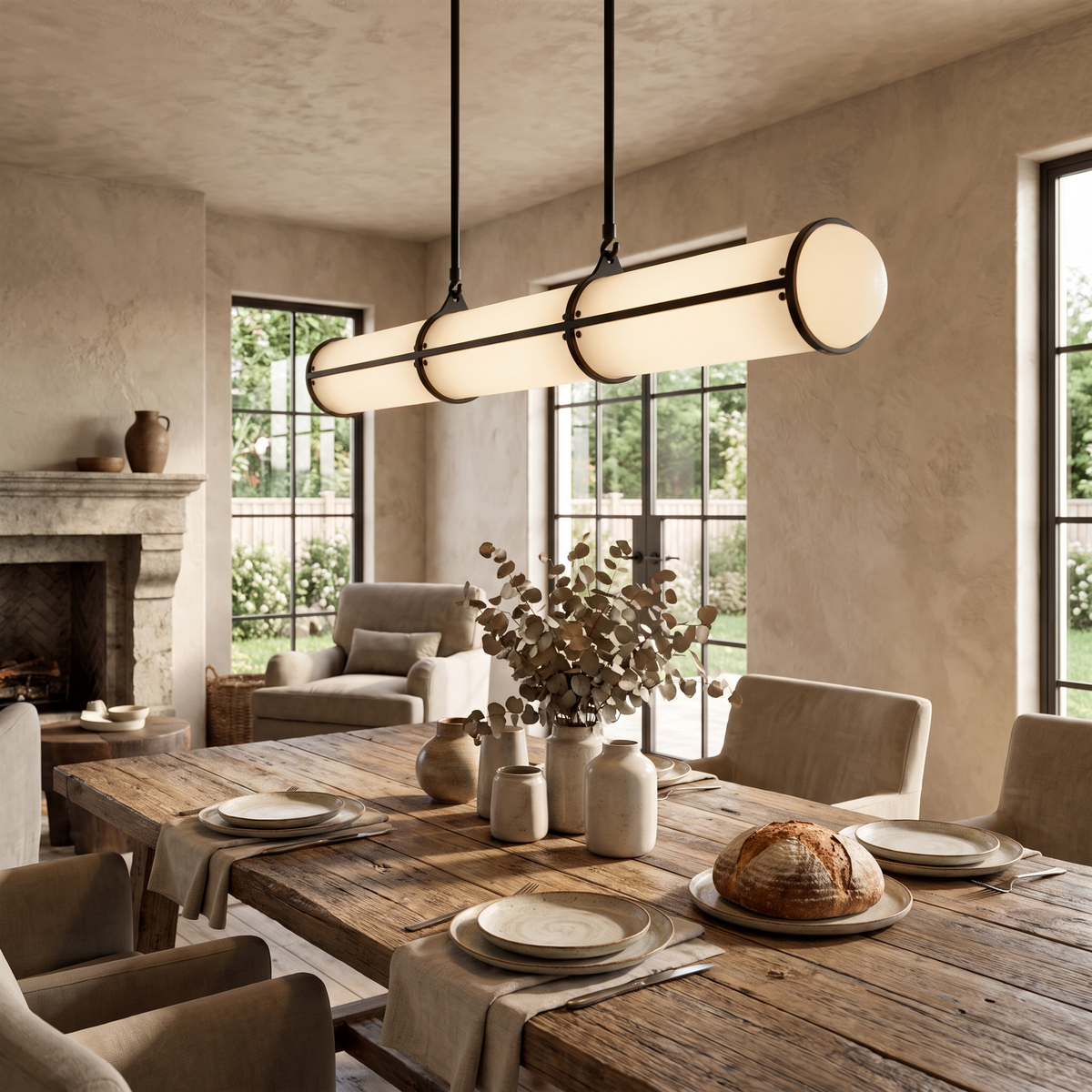 Ridaan Metal Pendant Light, lit and hanging in a styled room