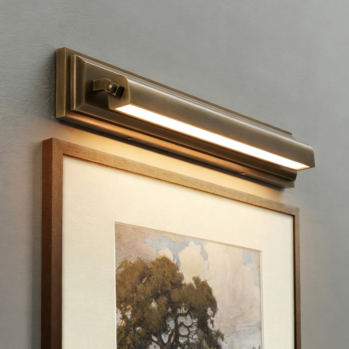 Roswell Linear Brass Wall Sconce, warm glow when lit