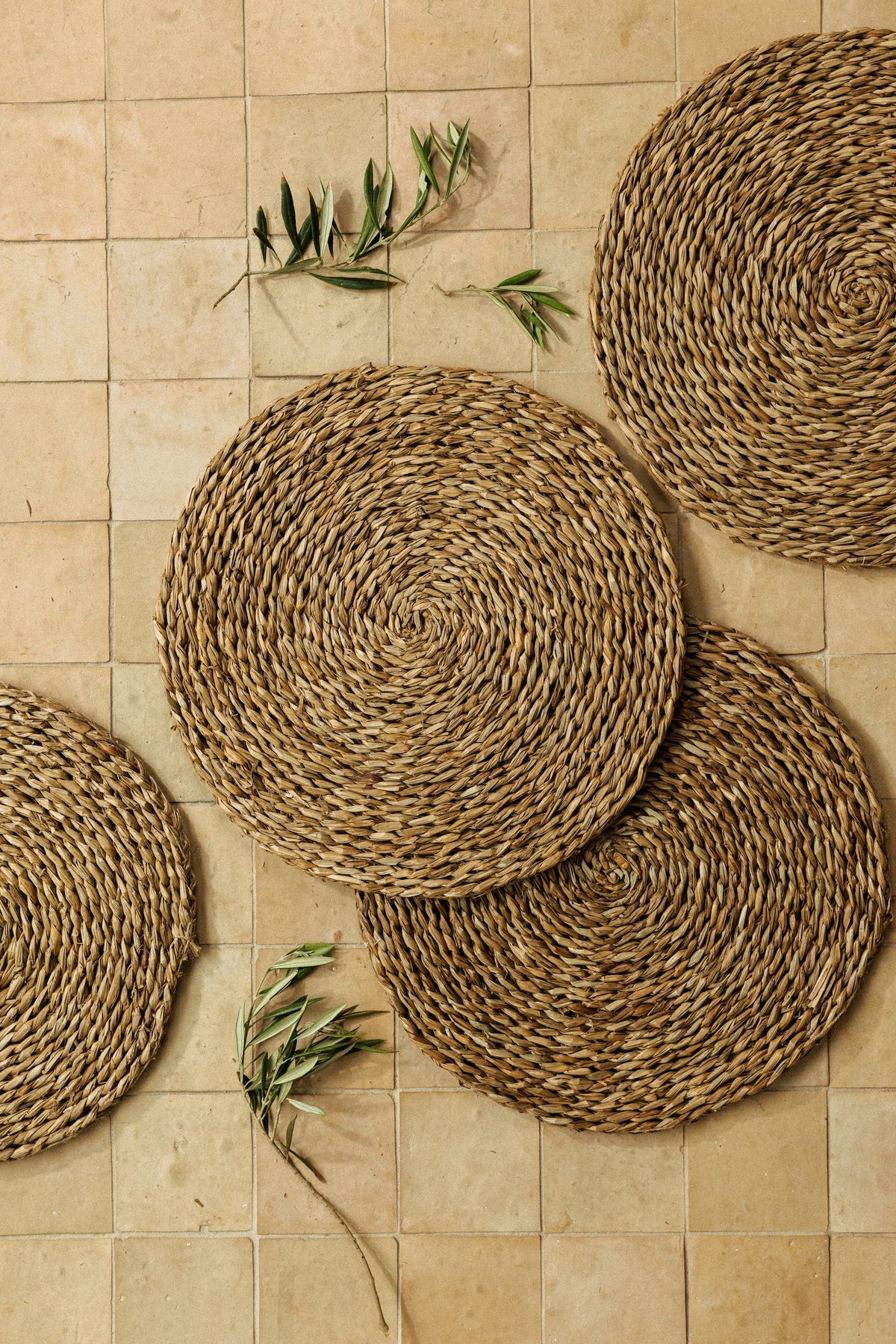 Round Seagrass Placemats, Set of 4, draped and styled view