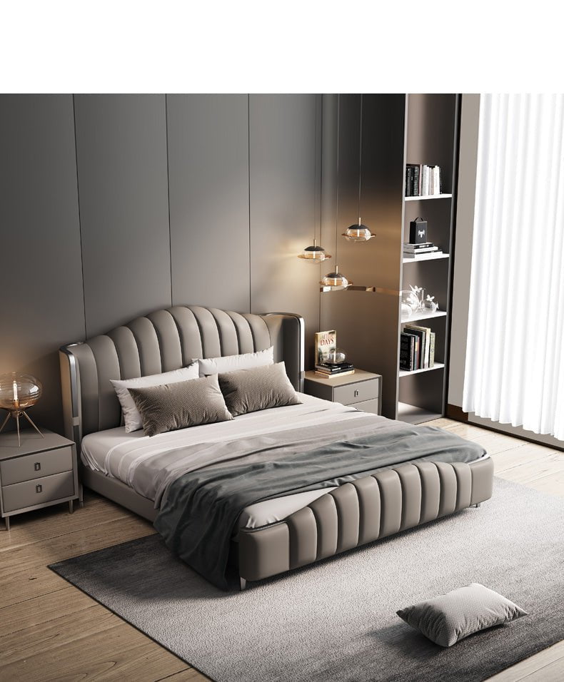 Royal Industrial Upholstered Bed Frame, styled in a bedroom
