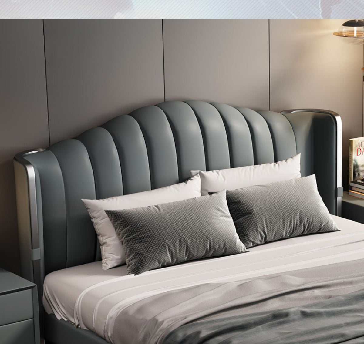 Royal Industrial Upholstered Bed Frame, scale against a wall