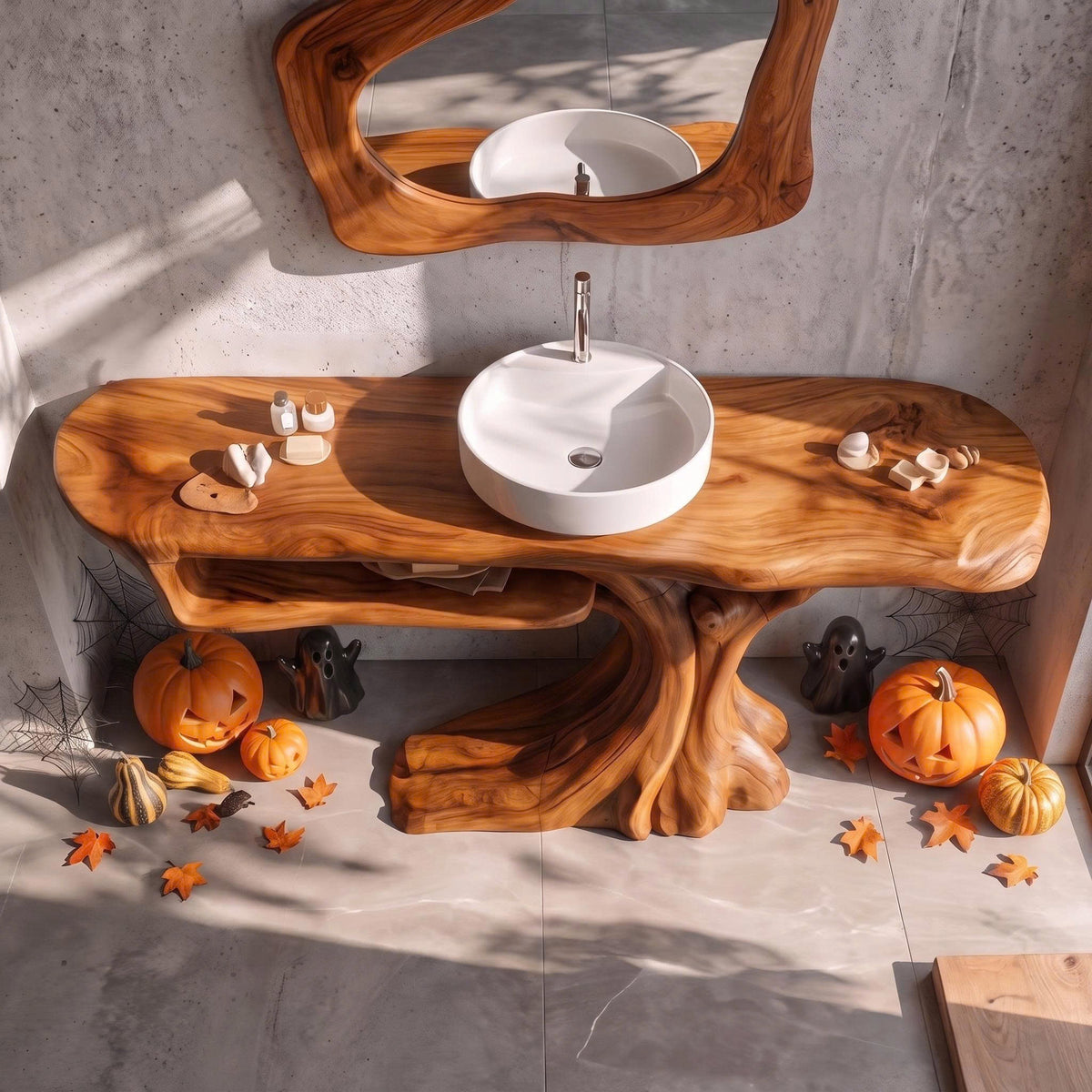 Rustic Halloween Wooden Bathroom Vanity With Branch, front view