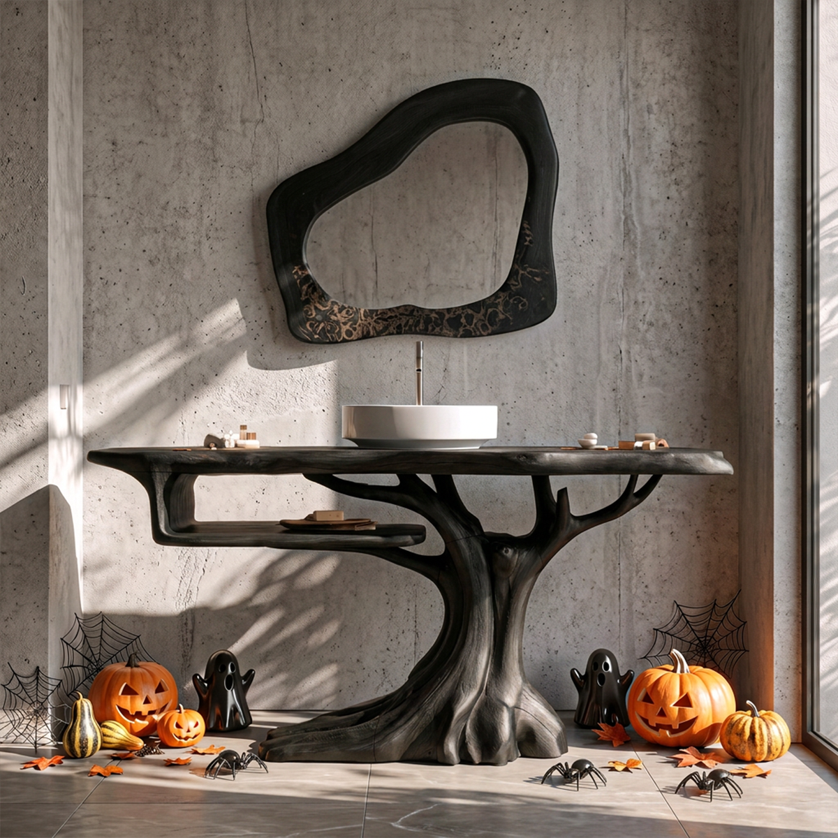 Rustic Halloween Wooden Bathroom Vanity With Branch, black finish