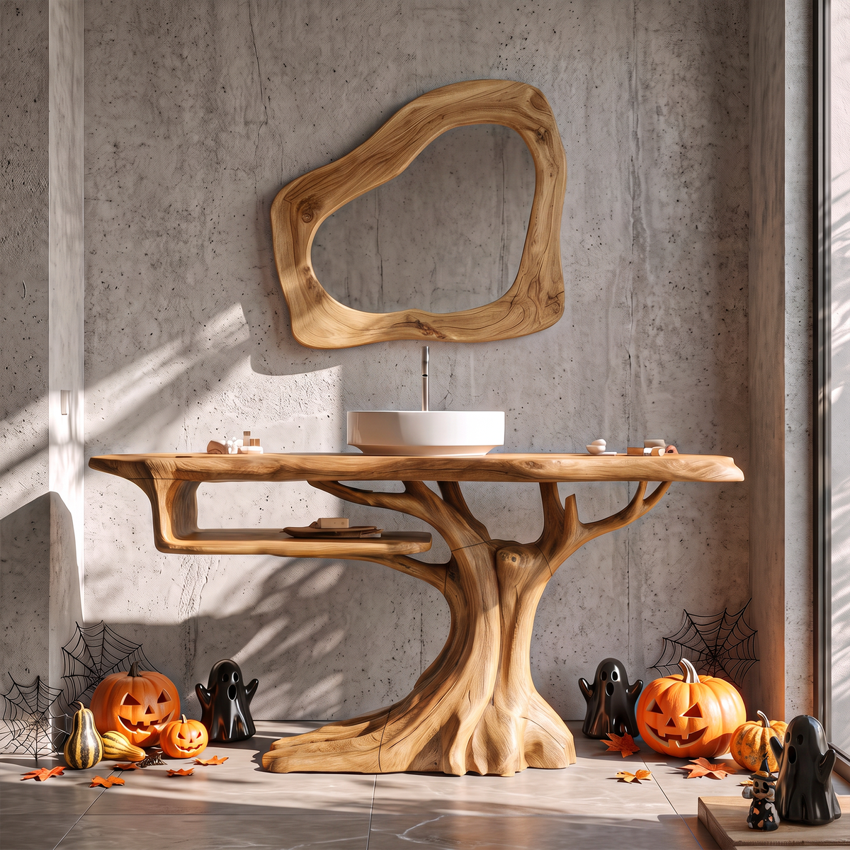 Rustic Halloween Wooden Bathroom Vanity With Branch, oak finish