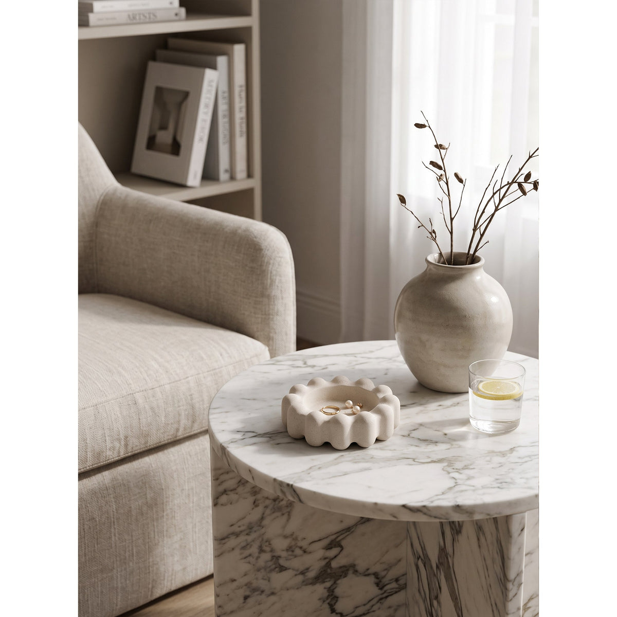 Scalloped Marble Catchall Dish, second stone and finish close up