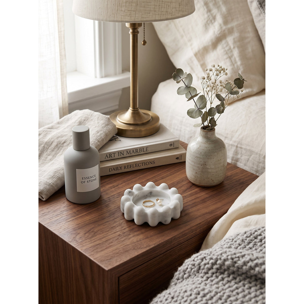 Scalloped Marble Catchall Dish, second styled on a console