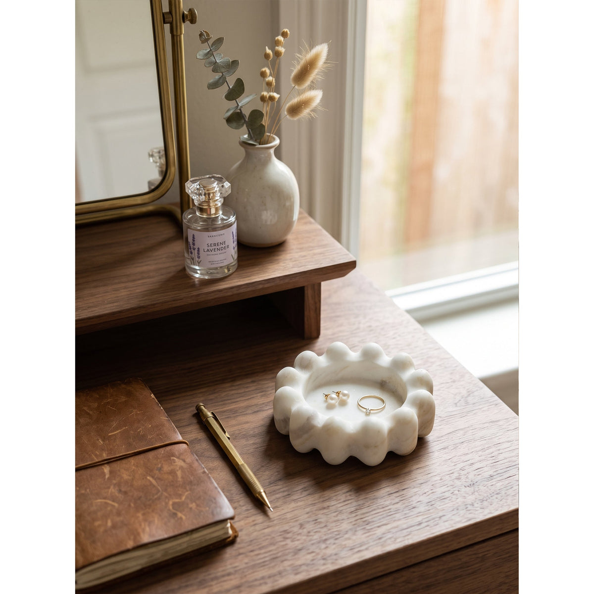 Scalloped Marble Catchall Dish, styled on a console