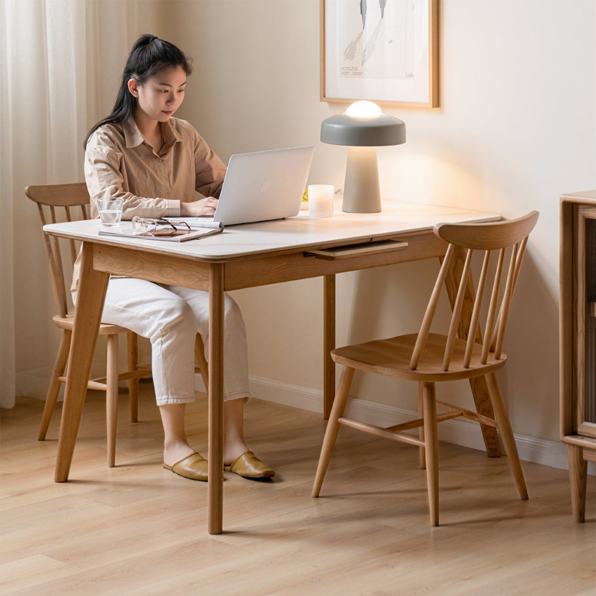 Scandinavian Oak Wood Sintered Stone Extendable Dining Table SHIFT