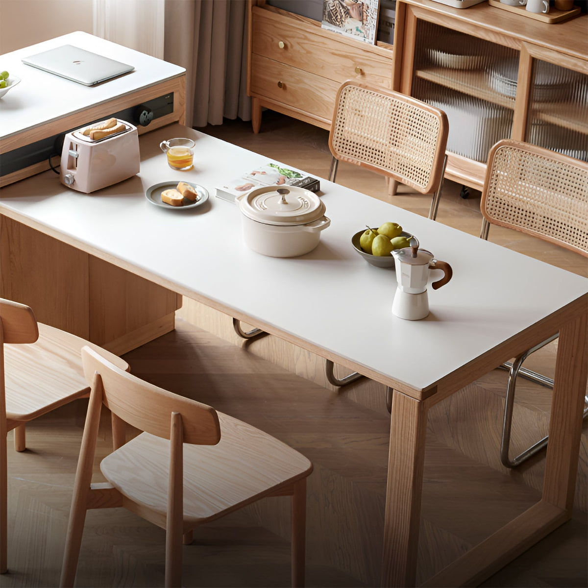 Scandinavian Oak Wood Sintered Stone Extendable Island Dining Table With Cabinet FLEXA