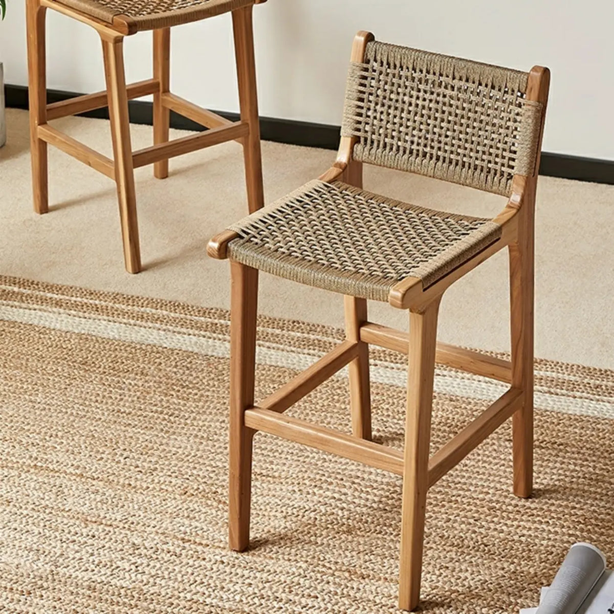 Scandinavian Woven Rope Wood Bar Stool with Low Back