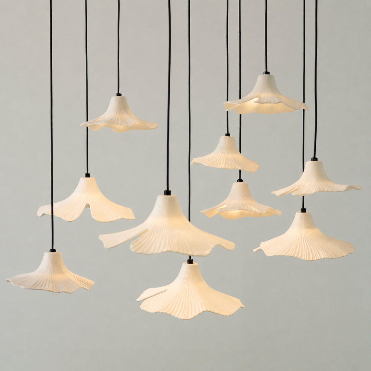 Sculptural Porcelain Ginkgo Leaf Wabi-sabi Pendant Light, full fixture view