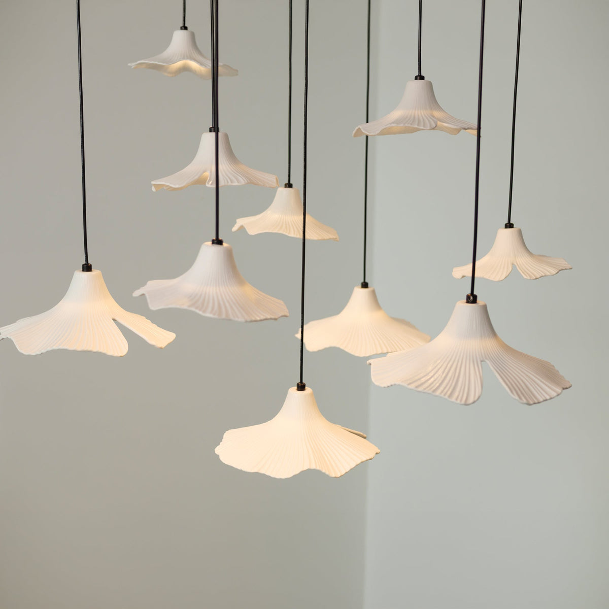 Sculptural Porcelain Ginkgo Leaf Wabi-sabi Pendant Light, scale beside a doorway