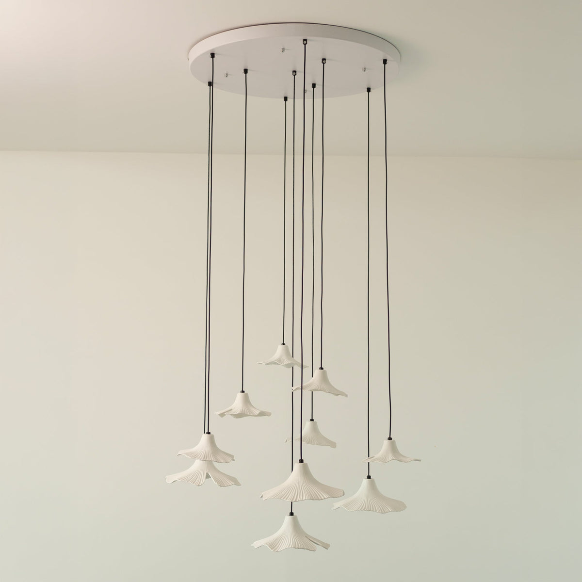 Sculptural Porcelain Ginkgo Leaf Wabi-sabi Pendant Light, bulb and socket detail