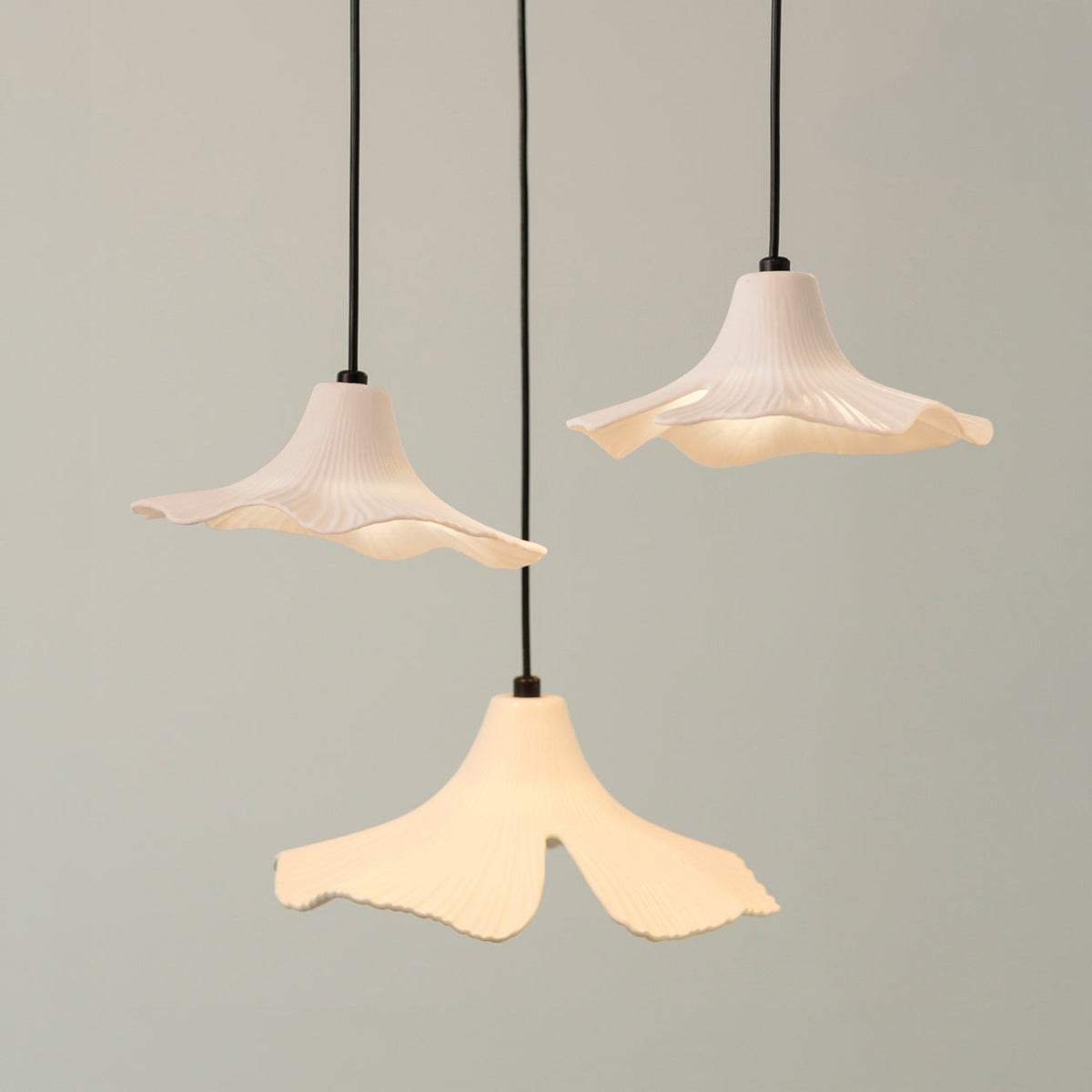 Sculptural Porcelain Ginkgo Leaf Wabi-sabi Pendant Light, shade and diffuser detail