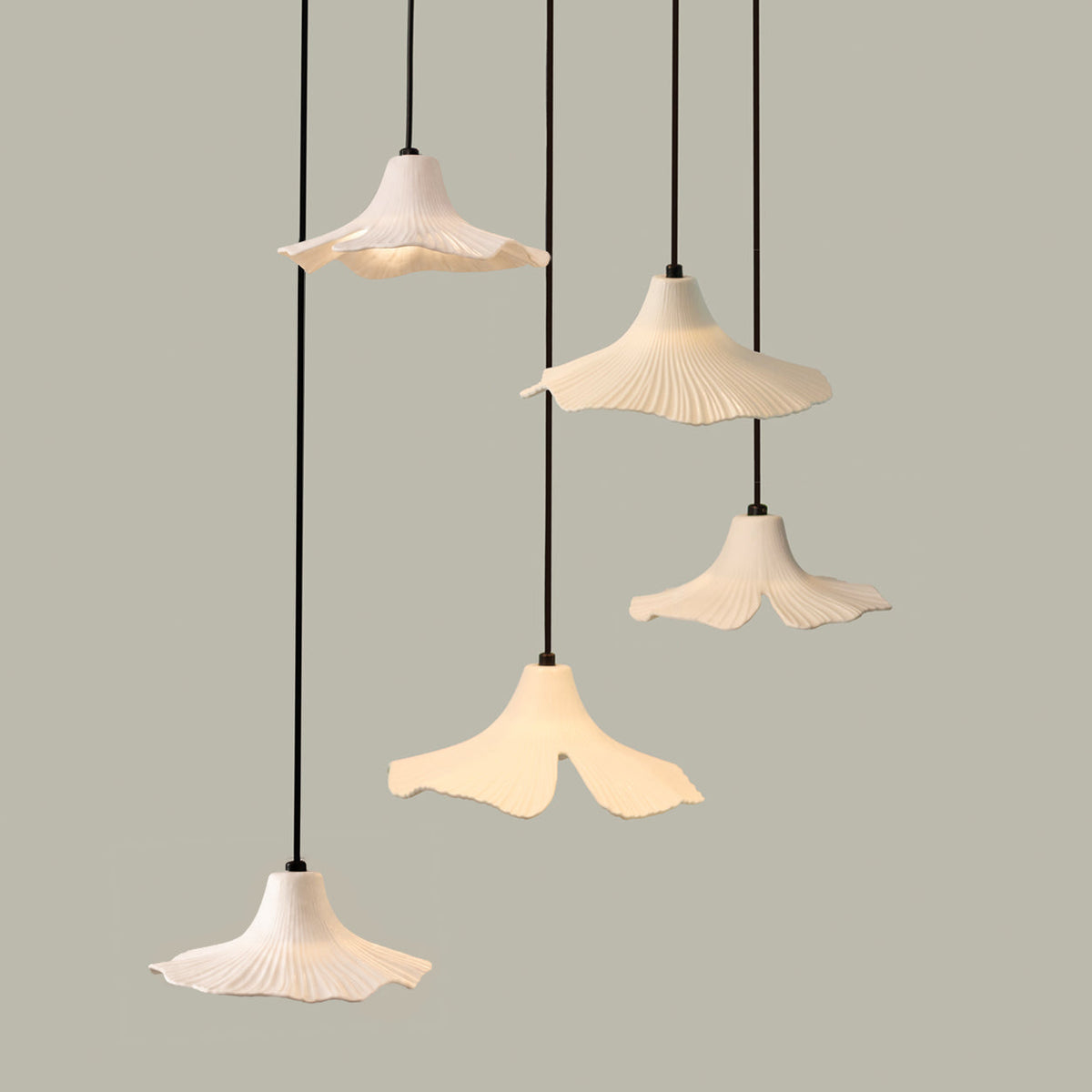 Sculptural Porcelain Ginkgo Leaf Wabi-sabi Pendant Light, side profile