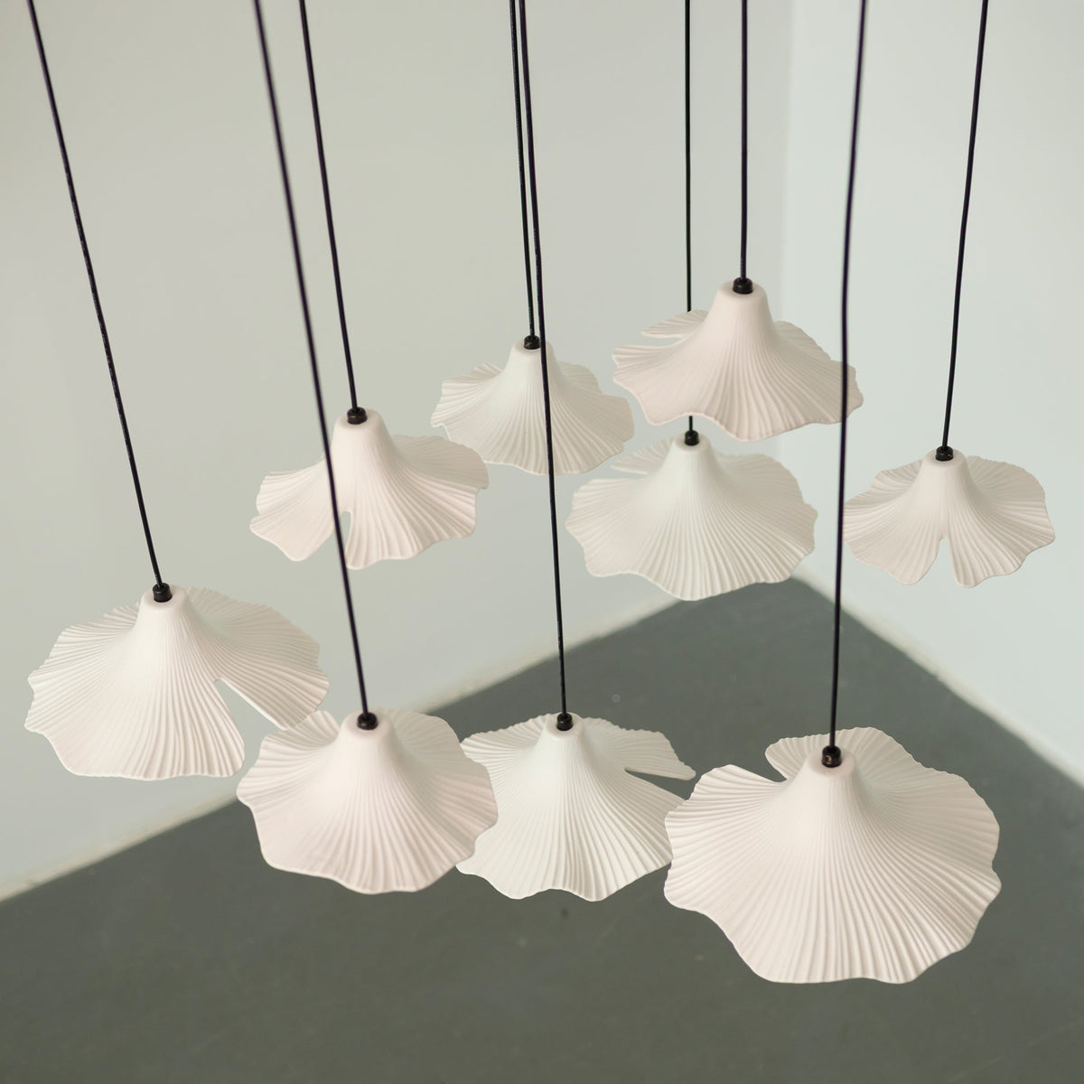 Sculptural Porcelain Ginkgo Leaf Wabi-sabi Pendant Light, ceiling mount detail