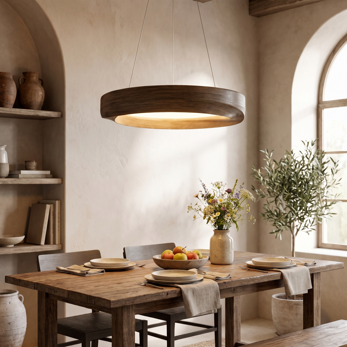 Selion Metal Pendant Light, lit and hanging in a styled room
