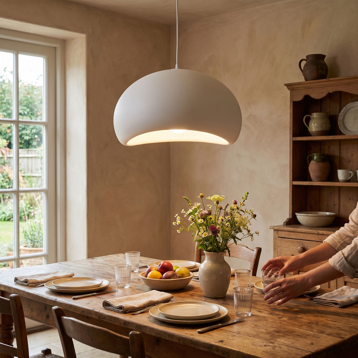 Shibui Metal Pendant Light, lit and hanging in a styled room