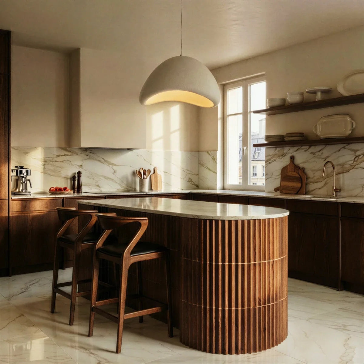 Shibui Metal Pendant Light, second shown in scale within a hallway