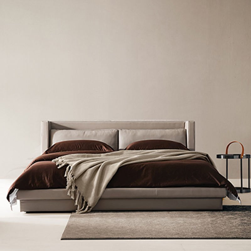 Signature Leather Upholstered Bed Frame, full bed with bedding