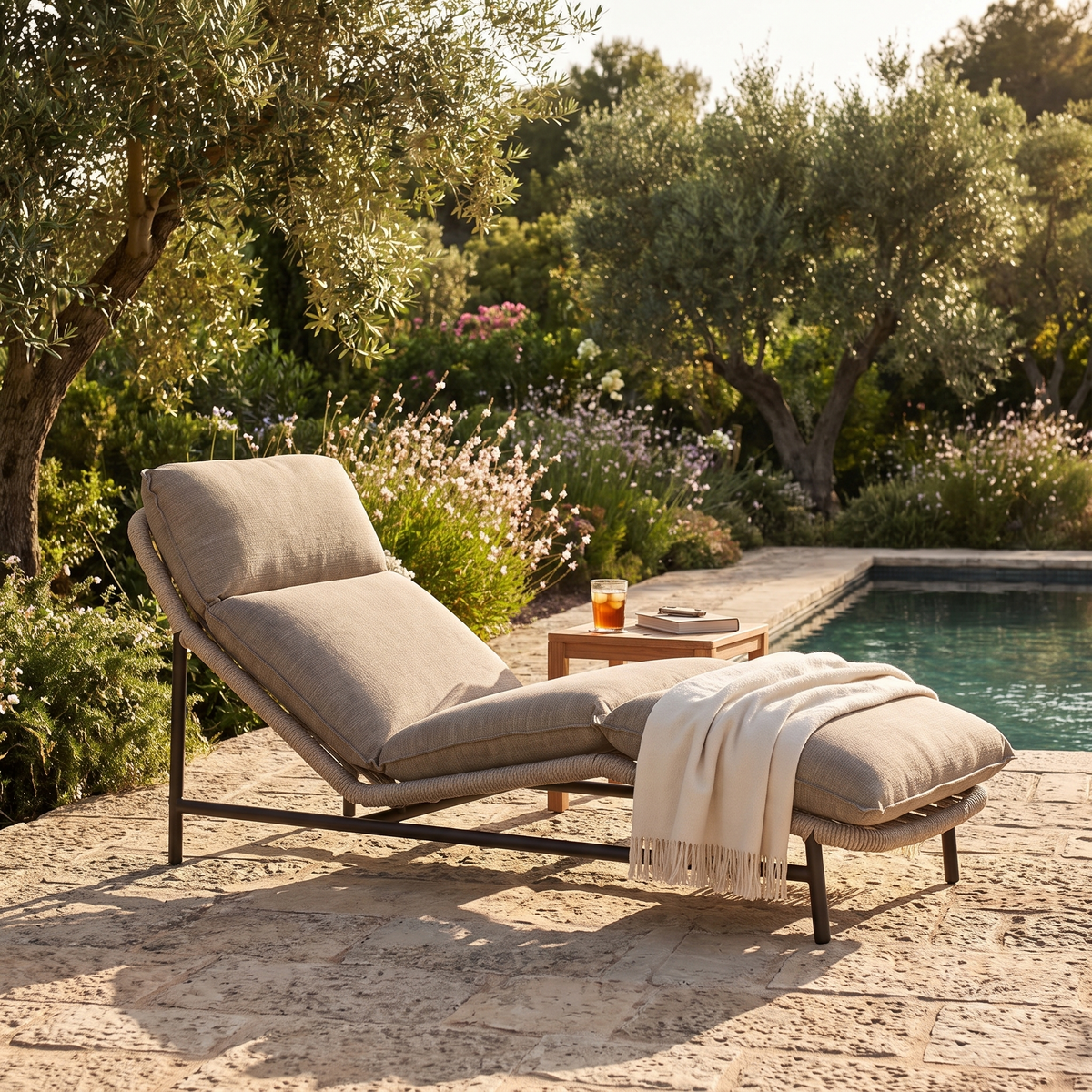 Silverado Charcoal Aluminum Sun Lounger, styled in a real setting