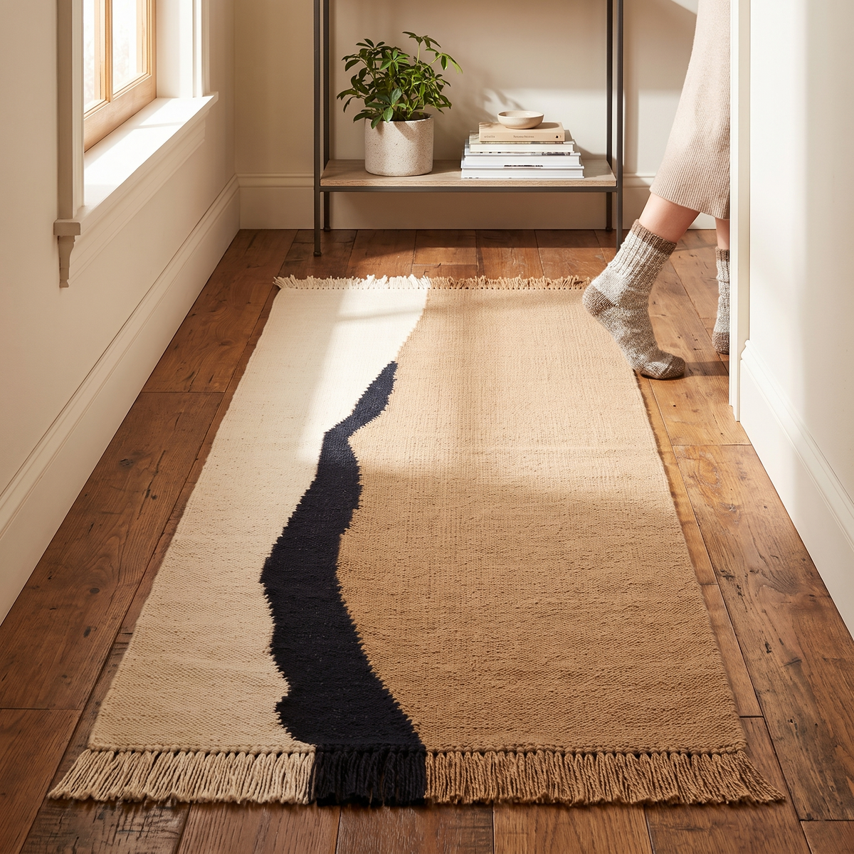 Soil Kelim Runner, Dark Sand/Off-white, styled in a room setting