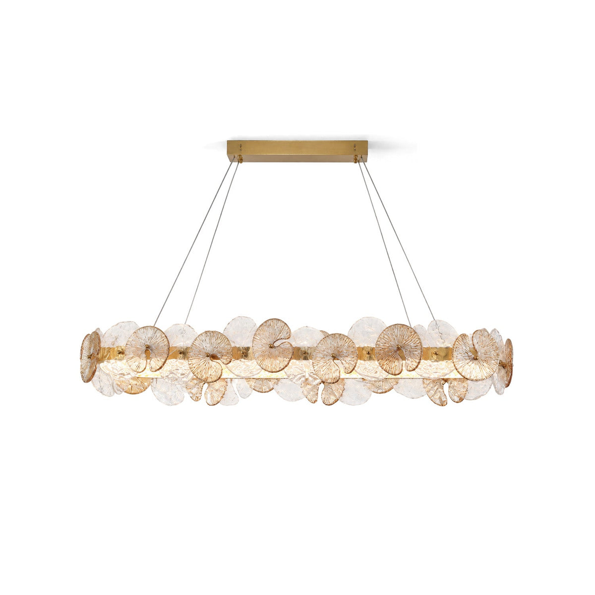 Sorelis Water Lily Linear Chandelier, lit in a styled room