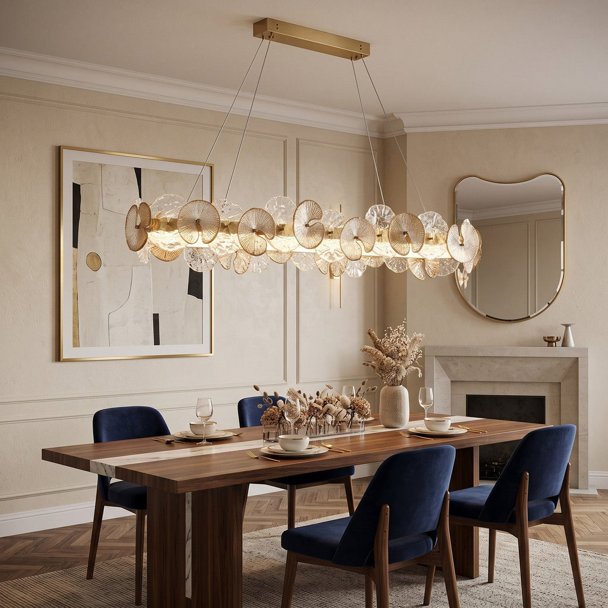 Sorelis Water Lily Linear Chandelier, second lit in a styled room