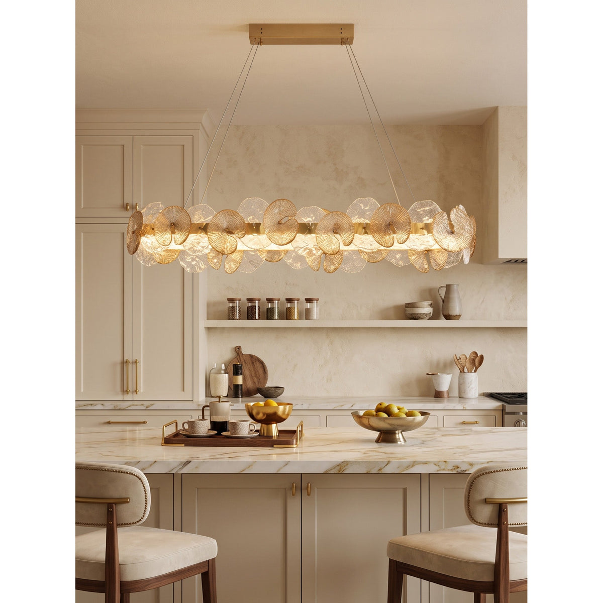 Sorelis Water Lily Linear Chandelier, second shade and diffuser detail