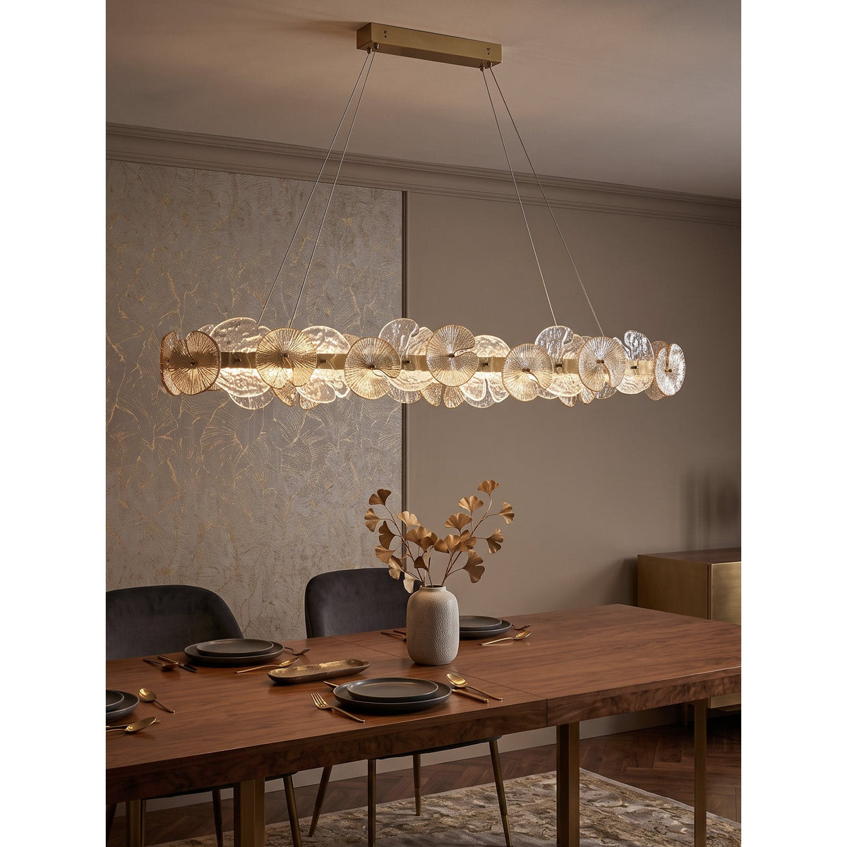 Sorelis Water Lily Linear Chandelier, second view above a table