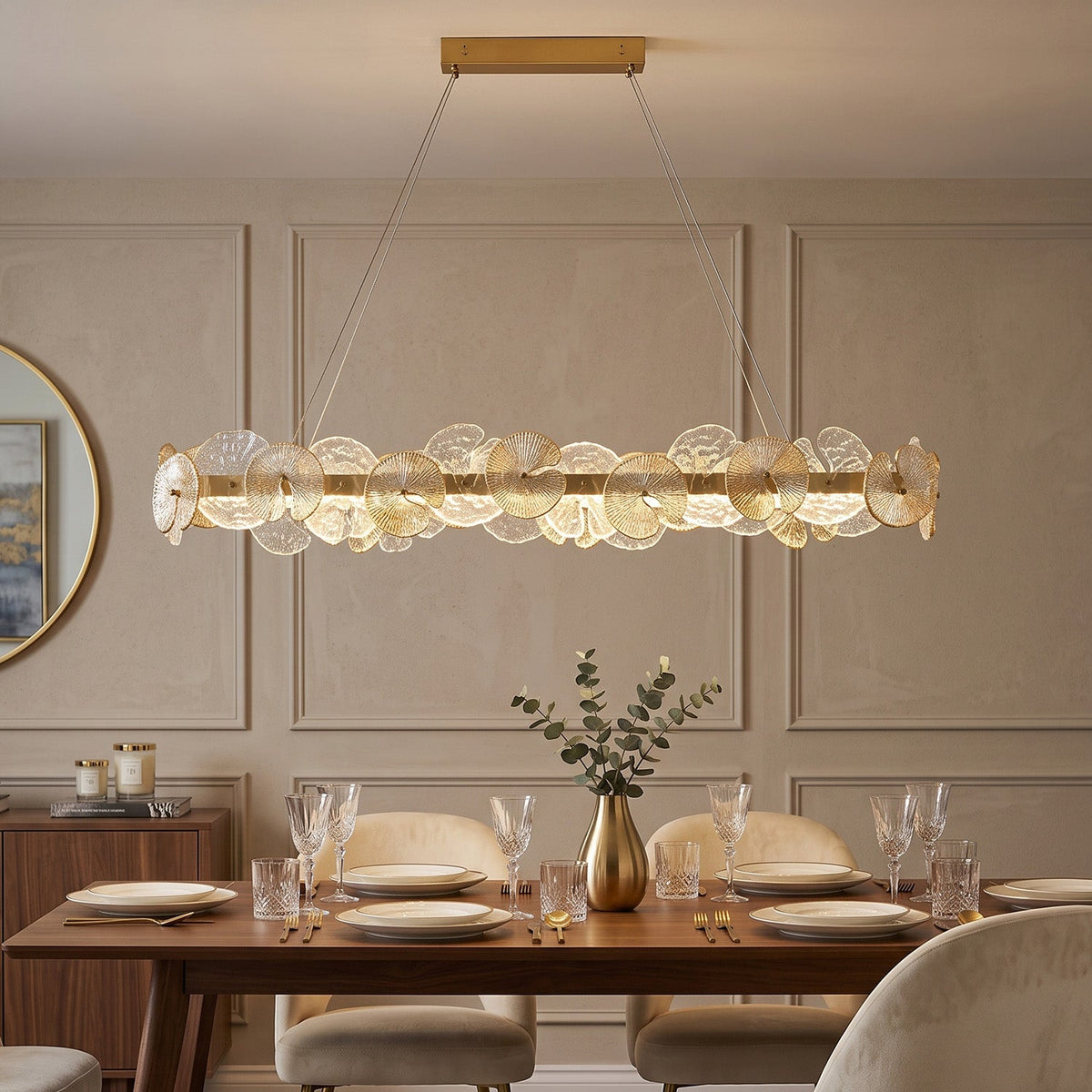 Sorelis Water Lily Linear Chandelier, shade and diffuser detail
