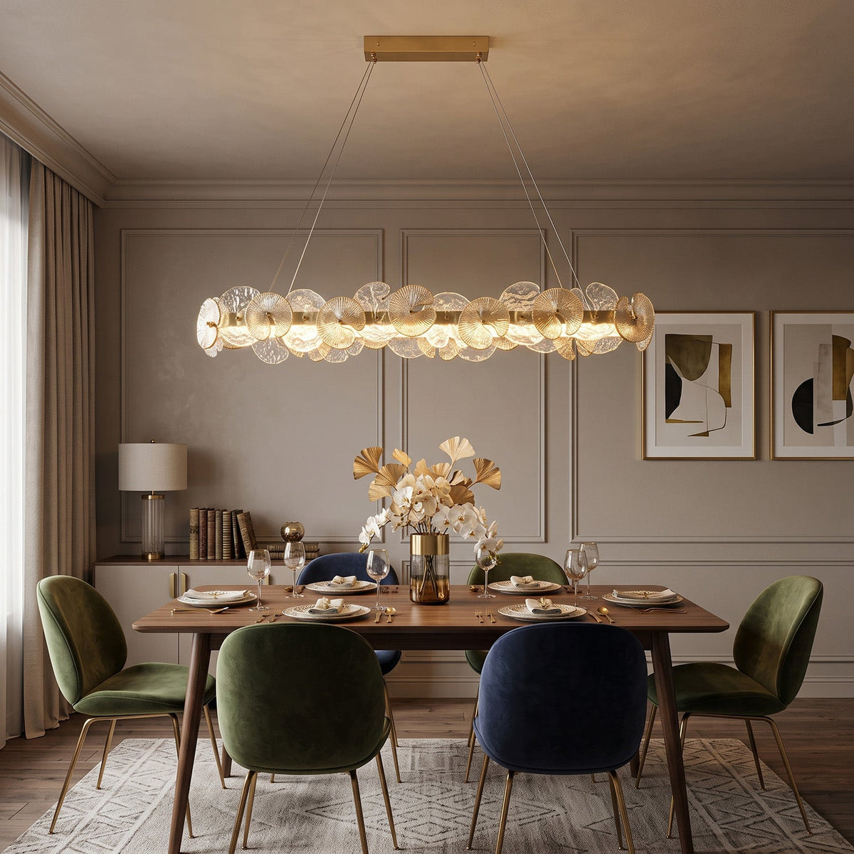 Sorelis Water Lily Linear Chandelier, full fixture from the front