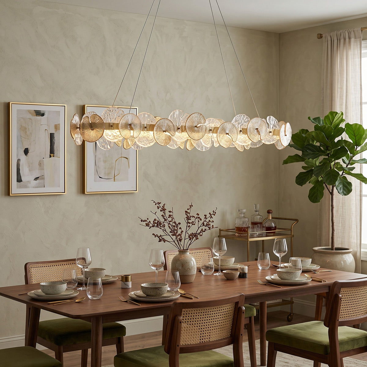 Sorelis Water Lily Linear Chandelier, hung above a dining table